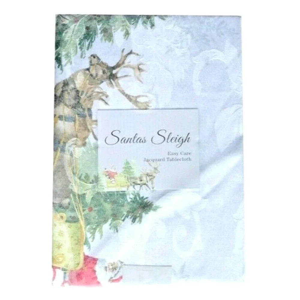 Christmas Santa's Sleigh Border Tablecloth Fabric 60x84 Oblong Jacquard Reindeer